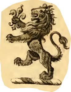 a lion rampant, holding in his dexter paw a fleur de lis, or