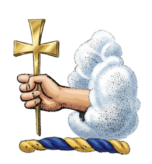 a dexter hand issuing from a cloud fessways, holding a cross patée fitchée.