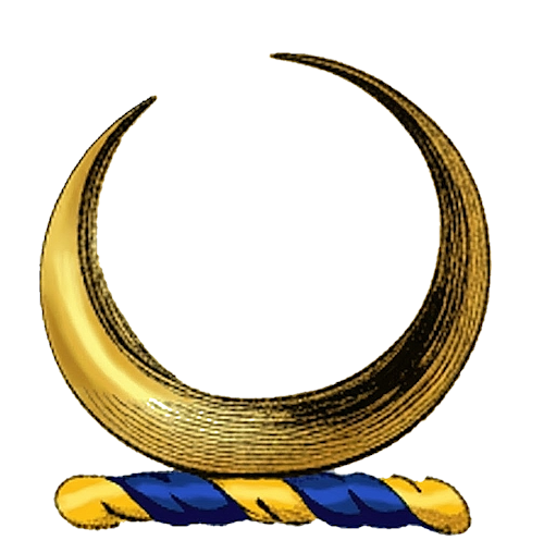 as a crescent (sometimes specified as argent, or, gules, or azure)