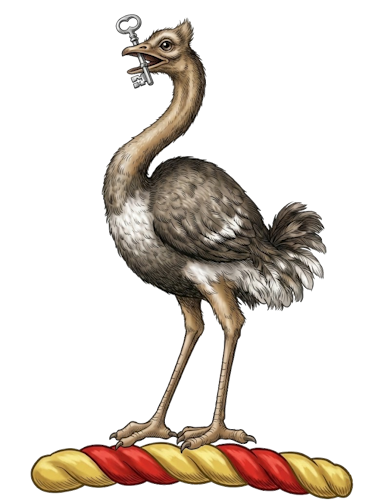 an ostrich, usually proper or argent, holding in its beak either a key or a horse-shoe