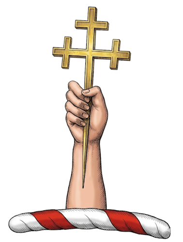 as a dexter hand holding a cross croslet fitched