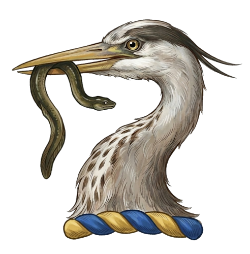 a stork's, heron's, or crane's head erased, holding in its beak an eel, snake, or fish