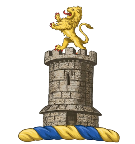 a lion rampant situated upon a tower (or castle)