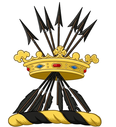a sheaf of arrows (varying in number, typically five or seven) enfiled with (passing through) a ducal coronet.