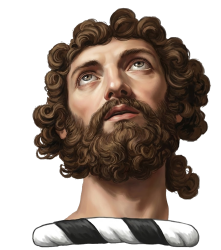 a man's head couped, bearded, and looking upward