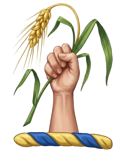 a dexter hand holding an ear of wheat (or rye)