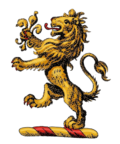 a lion rampant, holding in his dexter paw a fleur-de-lis