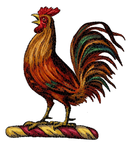 a cock (or rooster), often depicted crowing, standing, or walking