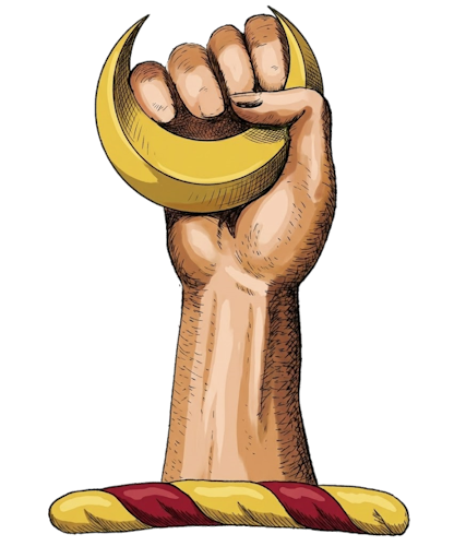 a dexter hand (or cubit arm, sometimes vested) holding up a crescent