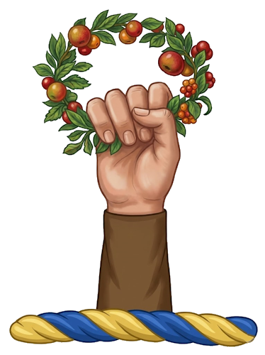 a dexter hand (or arm) issuing from the wreath, holding a garland or wreath of laurel (or roses)
