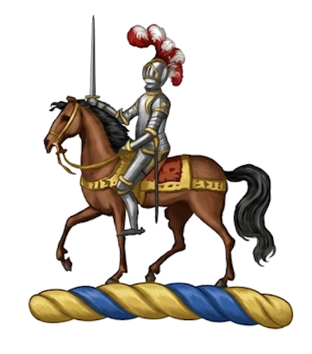 a chevalier (or knight) in full armour on horseback, brandishing a sword
