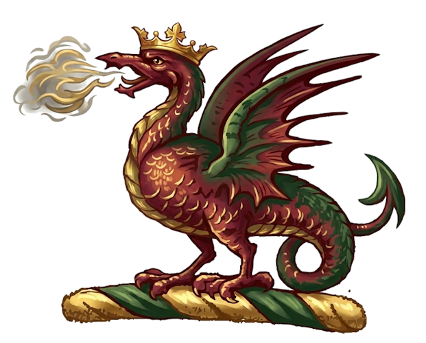 a wyvern, with wings indorsed (or elevated), often depicted ducally crowned and vomiting fire