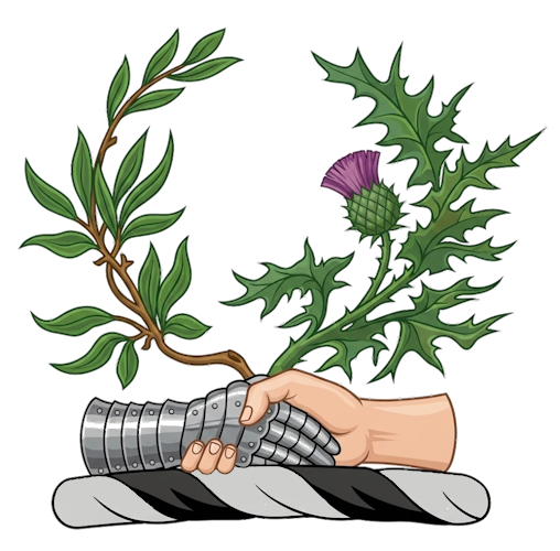 two hands conjoined in fess, the dexter in armour and the sinister proper, supporting a branch of palm and a thistle