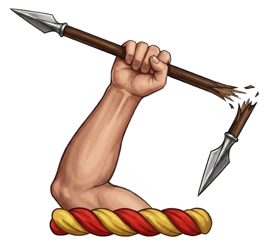 a dexter hand (or arm) holding a broken spear (or lance/tilting spear), often in bend or proper