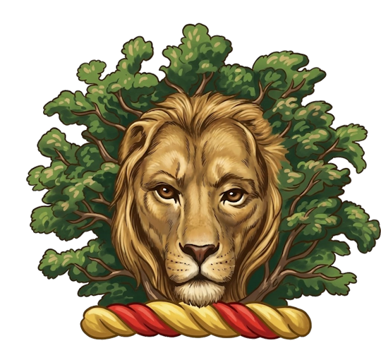 a lion's face (or head full-faced) appearing out of, or looking through, a bush (often specified as oak or yew)