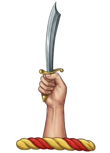 a dexter hand (or arm) holding a cutlass, sabre, or scimitar in pale (upright)