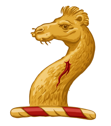 a camel's head, couped (sometimes specified as erased or having a distinct neck), often proper, sable, or argent