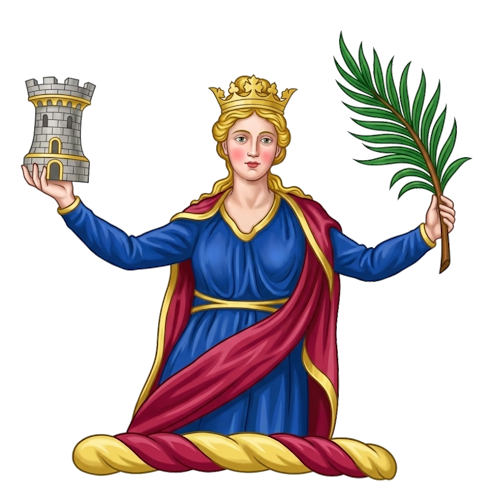 a demi-lady (or woman issuing from the middle), richly attired, holding in her dexter hand a tower (or castle) and in her sinister hand a palm branch (or branch of laurel).