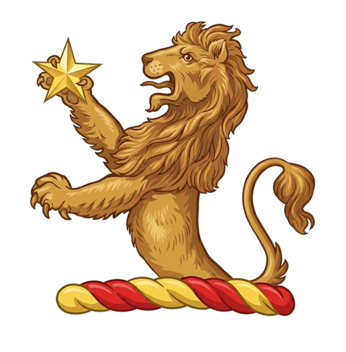 a demi-lion rampant, holding in his dexter (right) paw a mullet (star) or an etoile (wavy star)