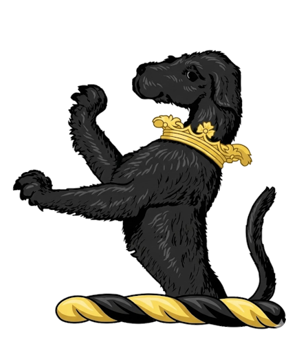 a demi-talbot rampant, ducally gorged