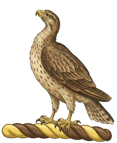 a hawk or falcon, usually depicted "close" (perched with wings folded), often proper (natural colors), beaked and legged gold (or)
