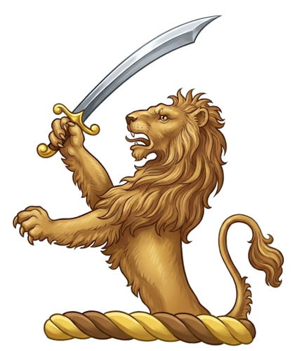 a demi-lion rampant, brandishing or holding a scymitar (or sabre)