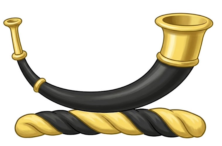 A hunting horn, sans strings, sable, garnished, or.