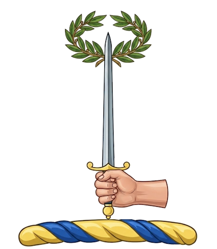 a dexter hand couped in fess, holding a sword in pale, on the point thereof a garland of laurel