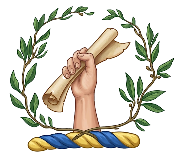 A dexter hand holding a scroll of paper within a garland of laurel, proper