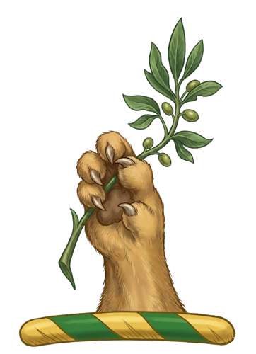 a lion's gamb (paw) erased, holding a branch (variously described as olive, laurel, or fructed)