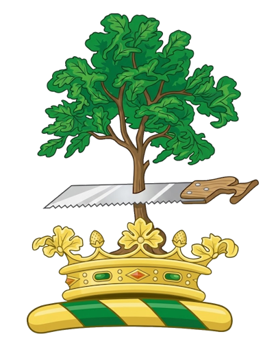 an oak tree, proper, fructed (bearing acorns), issuing from a ducal coronet, or, and penetrated transversely in the main stem by a frame saw, proper.