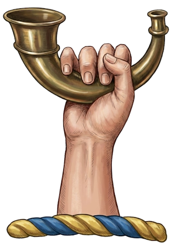 a dexter hand (right hand) holding a hunting horn (or bugle horn)