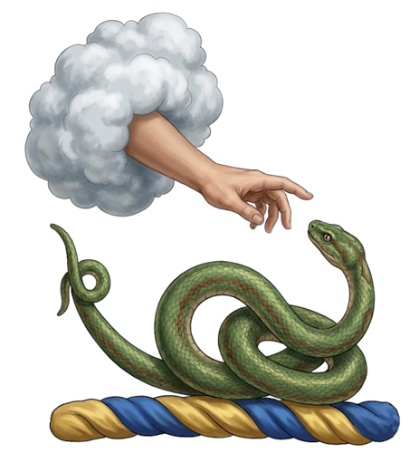 a cloud (usually from the dexter side), reaching towards or holding a serpent with its head erect