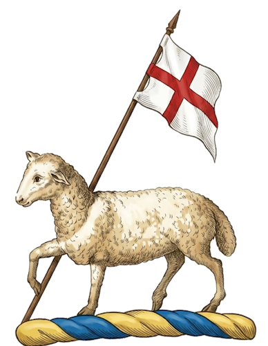 a Holy Lamb (or Paschal Lamb), often regardant (looking back), supporting or carrying a flag (banner or standard) over the dexter shoulder, frequently charged with a cross (St. George's or St. Andrew's)