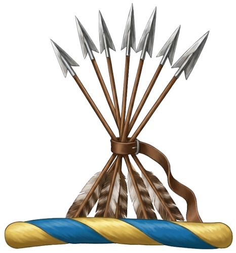 seven arrows, typically arranged with six in saltier and one in pale, or bound together as a sheaf or bundle