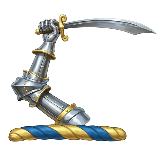 an arm in armour embowed, brandishing a scymitar, cutlass, or sword
