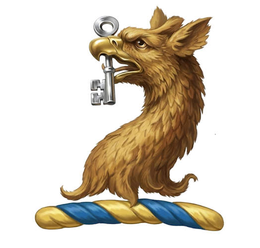 a griffon's head erased, holding a key in its beak