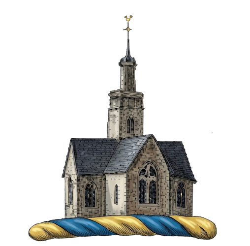 a church, proper, often depicting a spire or steeple.